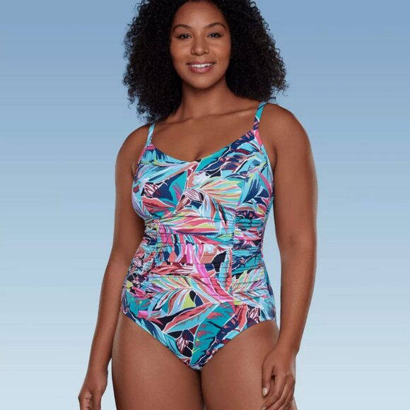 Women's UPF 50 Shirred V-Neck One Piece Swimsuit - Aqua Green® Multi Tropical L - Picture 1 of 7